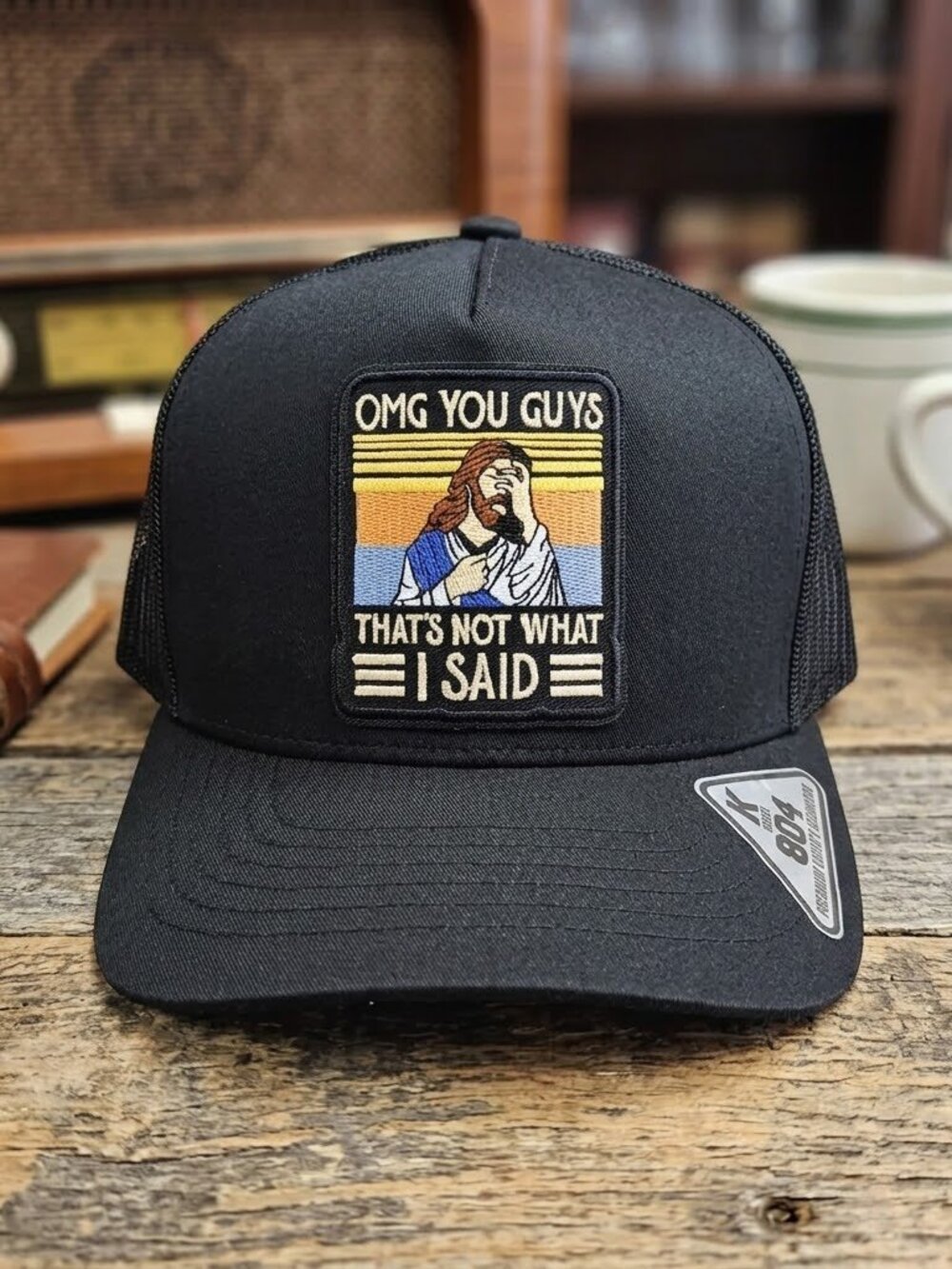 Funny Jesus Facepalm Patch Black Trucker Hat Kamel 804 Snapback Cap Mesh Retro